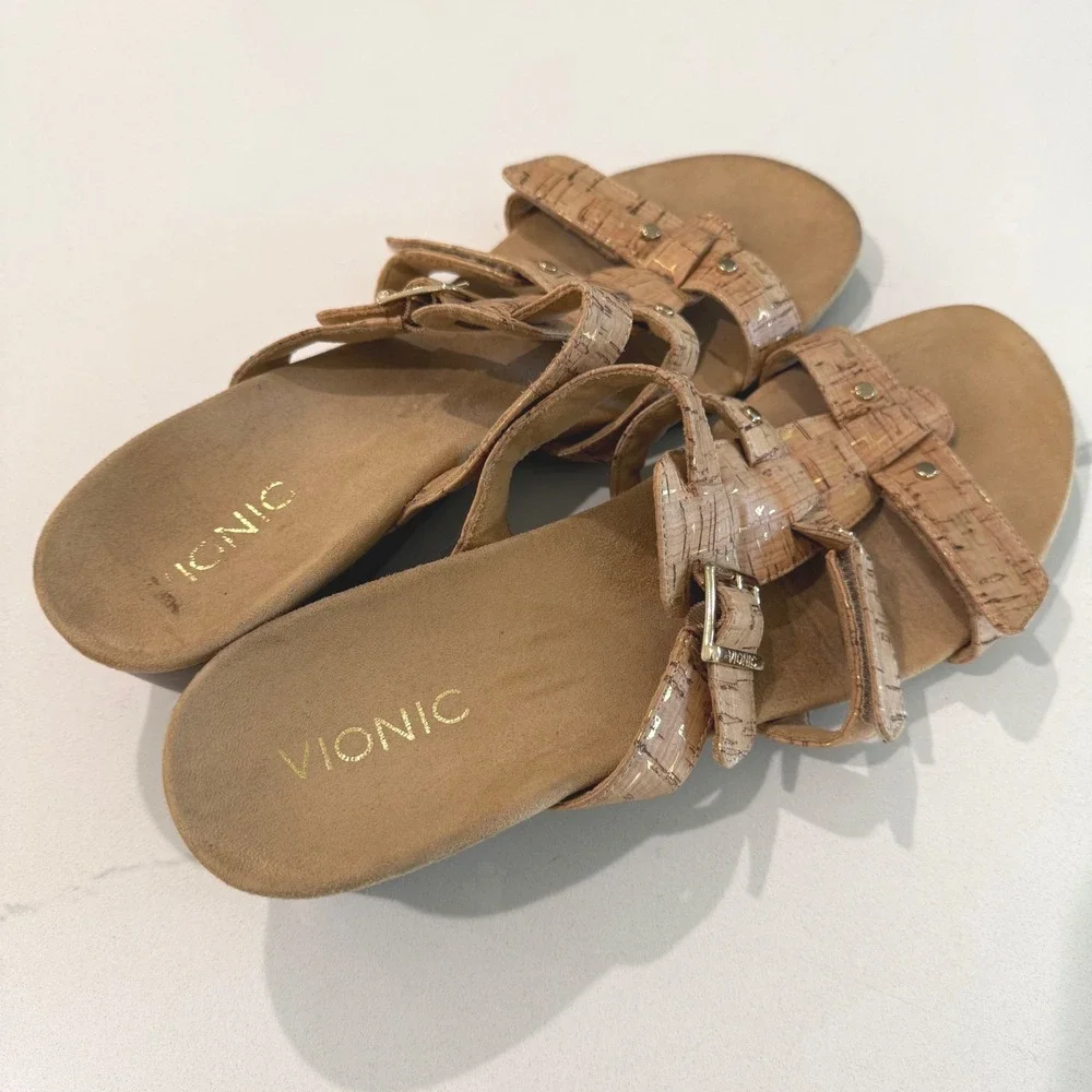 Vionic Radia Cork Gold Metallic Wedge Sandals Womens Size‎ 11 Adjustable Straps